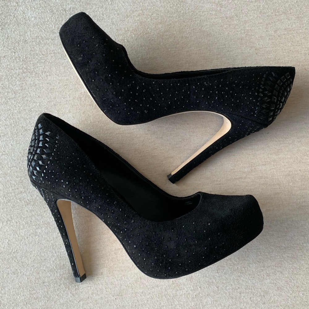 BCBGeneration Black Suede Heels with Rhinestones
